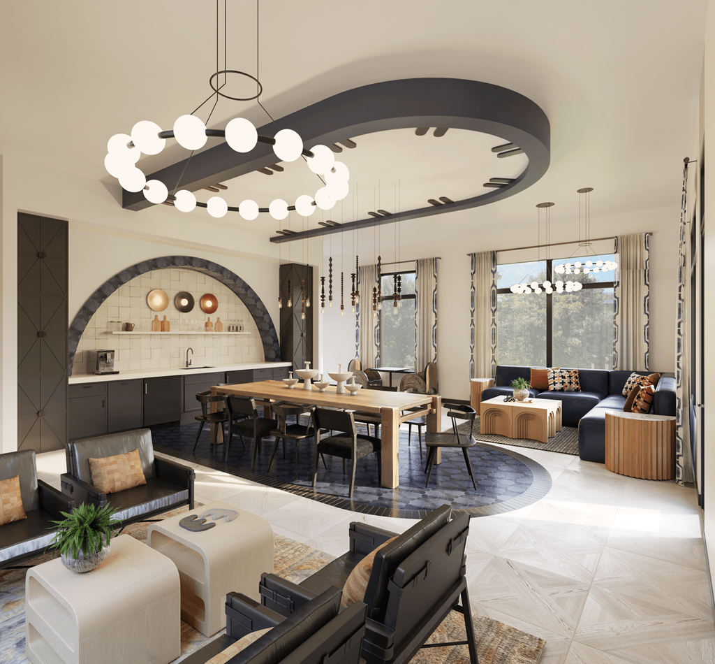 A modern living room with a curved ceiling light fixture at Ranches at Gunsmoke, Maricopa