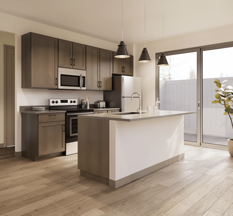 A modern kitchen with wooden cabinets and a central island.