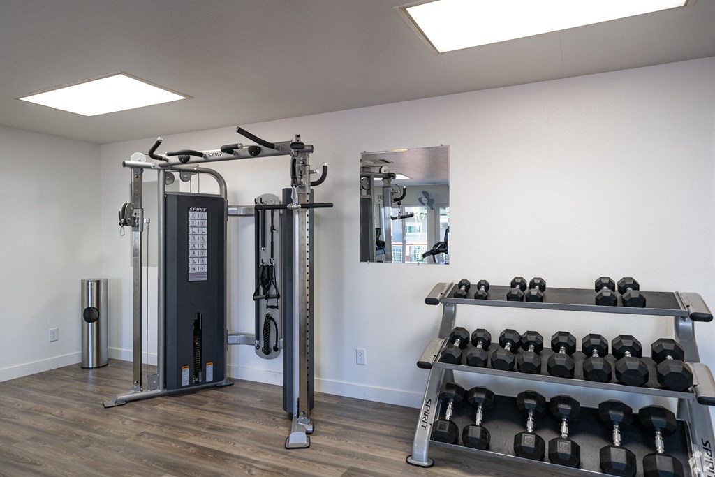 Apartments in Rohnert Park for Rent - Americana - Fitness Center with Free Weights, Upper-Body Ergometer, and Wall Mirror