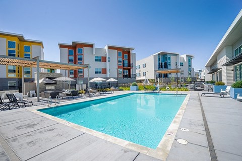 Dog Friendly apartments in Folsom CA - Hub Apartments - Pool with Lounge Chairs and Outdoor Entertainment Space with Fireplace, Fire Pits, and BBQ Grills