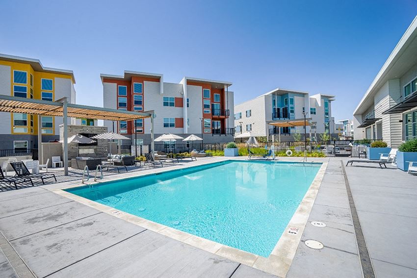Dog Friendly apartments in Folsom CA - Hub Apartments - Pool with Lounge Chairs and Outdoor Entertainment Space with Fireplace, Fire Pits, and BBQ Grills