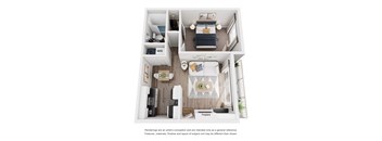 A top-down view of a small apartment with a kitchen, living room, and bedroom.