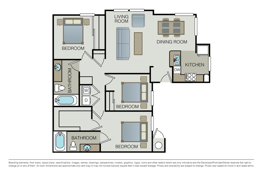 Three bedroom floor plan l Hidden Valley Apartments in Simi Valley Ca