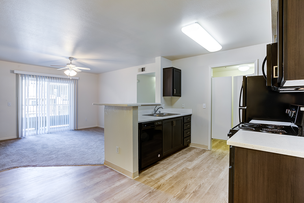 A kitchen area with a counter and cabinets.