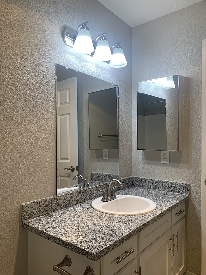 Bathroom vanity with overhead lighting and vanity area