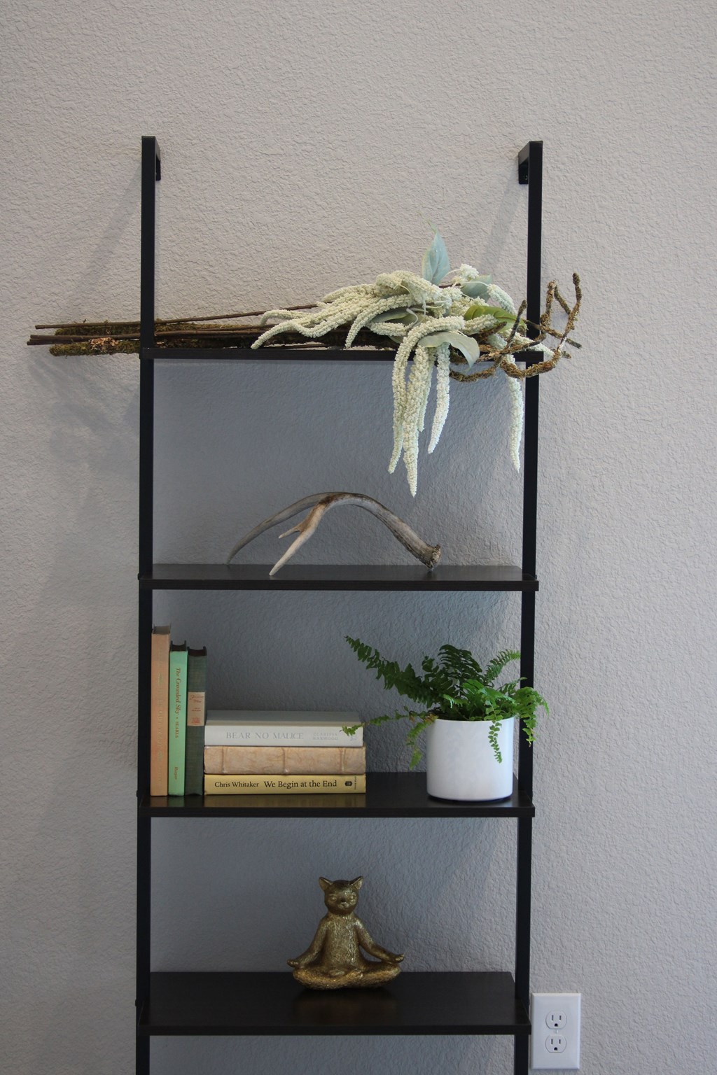 A shelf with a plant, books, and a cat figurine.