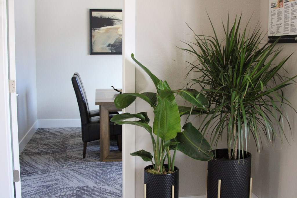 A room with a chair, a table and two potted plants.