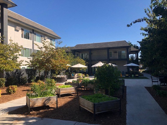 Garden area with planters at MIRACLE TERRACE Apartments, California