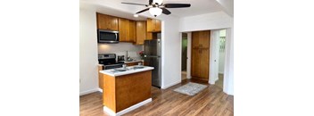 a kitchen with a stove refrigerator and a ceiling fan