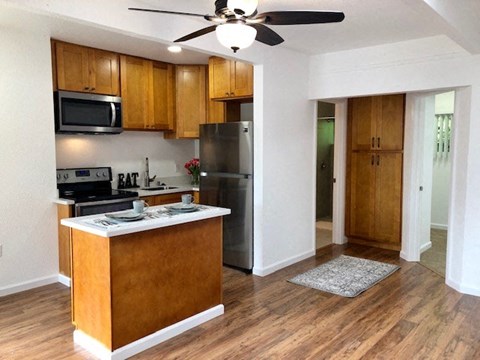 a kitchen with a stove refrigerator and a ceiling fan
