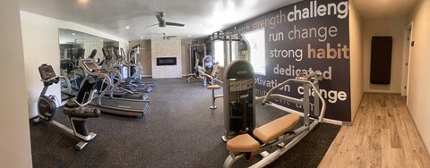 A gym with a row of treadmills and a row of stationary bikes.