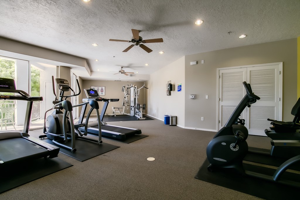 a home gym with treadmills and ellipticals