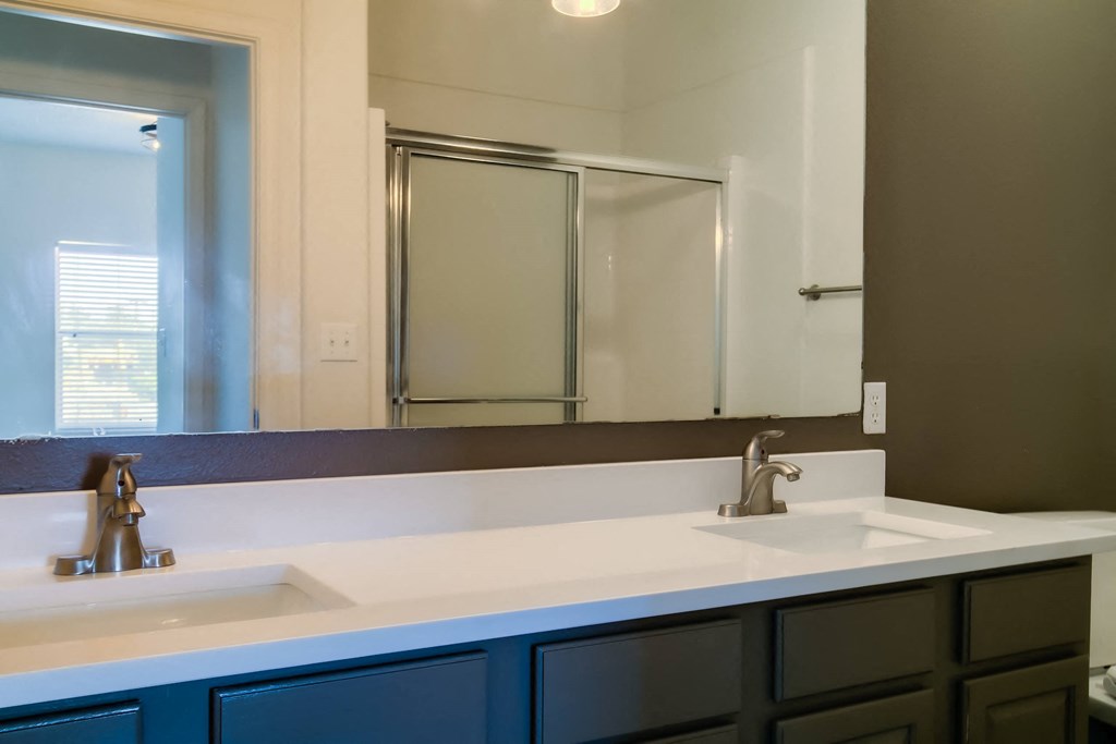 a bathroom with two sinks and a mirror