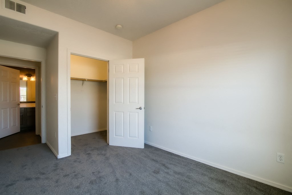 a bedroom with an open door and a closet in the background