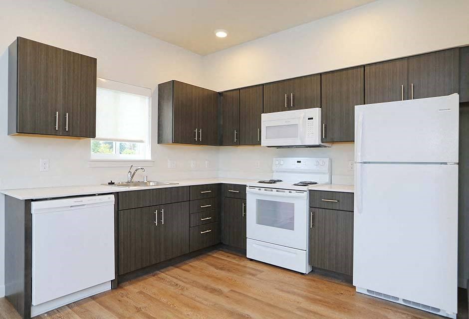 Arlington Senior Apartments - Kitchen With Hardwood-Style Vinyl Flooring, Beautiful Cabinetry, Fridge, Oven, Dishwasher, And Window