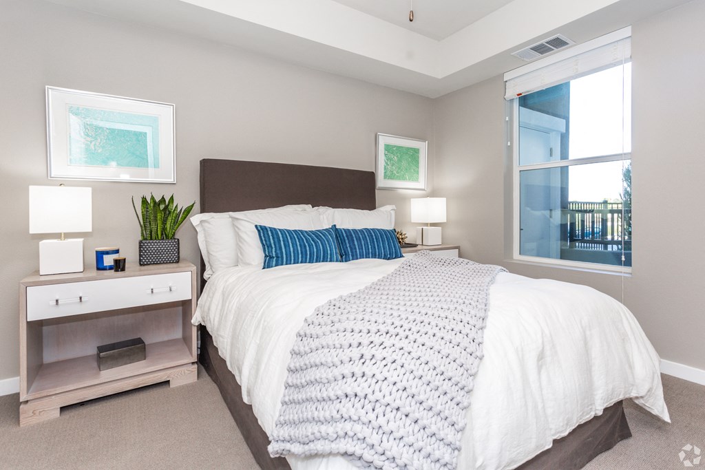 Luxury Apartment in Sparks NV - Waterfront at the Marina Bedroom with Large Window, Night Stand, and 9ft Ceilings