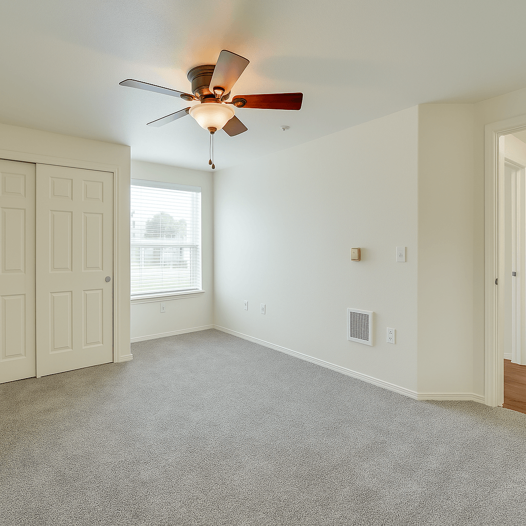 A room with a ceiling fan and carpeted floor  at THE VILLAGE Apartments, KEIZER