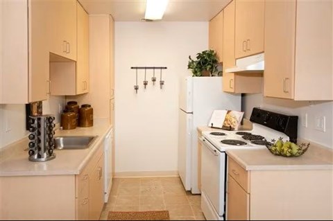 A kitchen with a white fridge and a black stove top.
