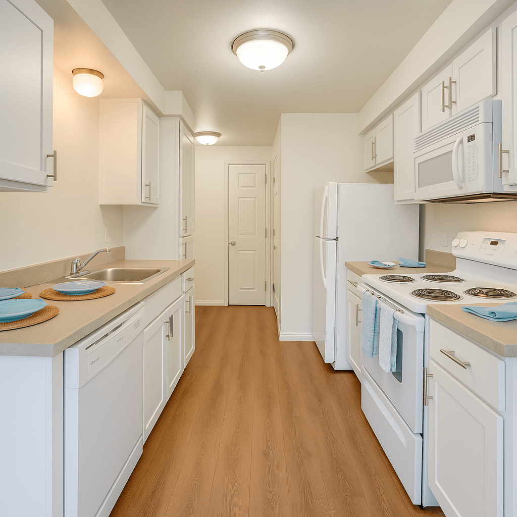 A kitchen with white cabinets and a white fridge at THE VILLAGE Apartments, OR