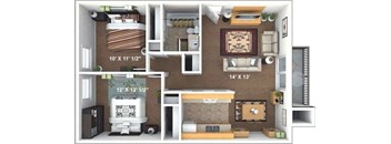 A 3D floor plan of a small apartment with a living room, kitchen, and bathroom.