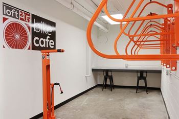 A bike cafe with orange pipes at LOFT 205 Apartments, Reno, Nevada