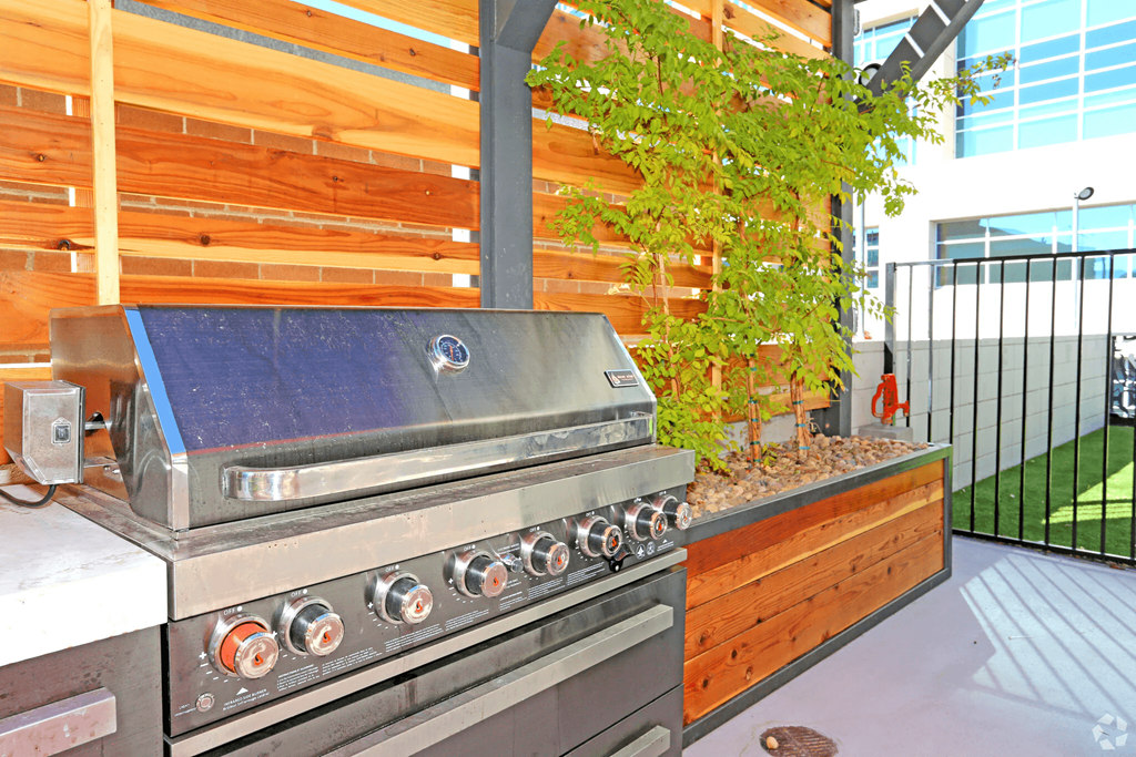 A modern outdoor kitchen with a grill and a green plant at LOFT 205 Apartments, Nevada, 89501