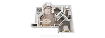 A 3D rendering of a modern, open-concept floor plan for a house.