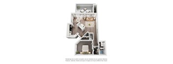 A white floor plan of a house with a kitchen, living room, and bathroom.