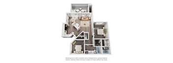 A 3D floor plan of a house with a kitchen, living room, and bathroom.