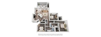 A 3D floor plan of a house with multiple rooms.