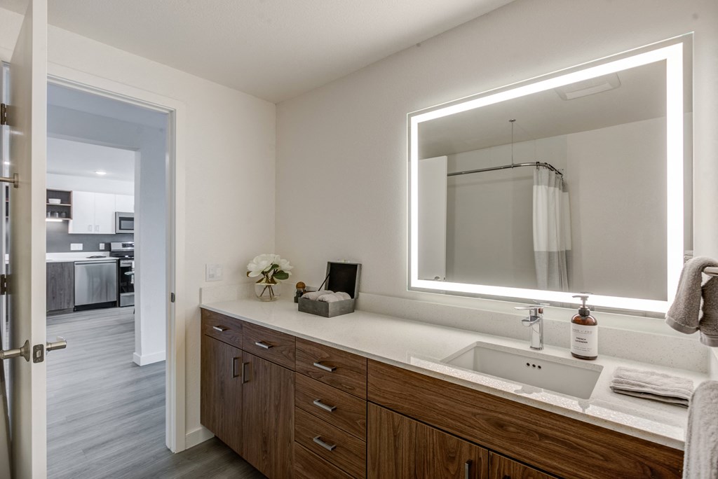 a bathroom with a large mirror and a sink