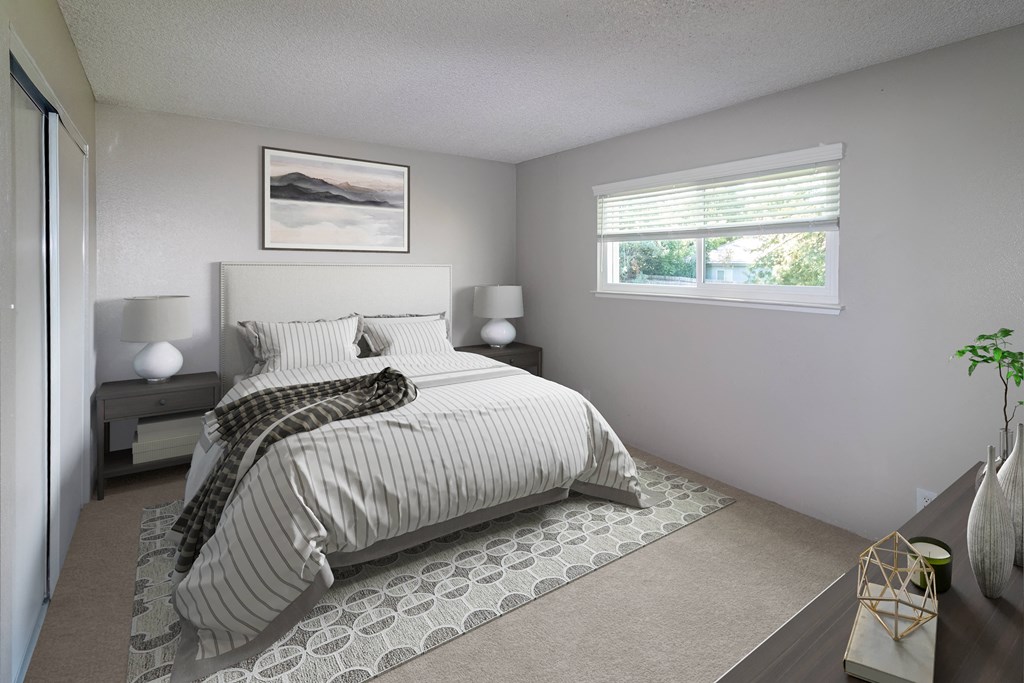 Two BR Apartments in Carmichael CA - Terra Vida - Bedroom with Bed, Nightstands, Lamps, Dresser, and Window.