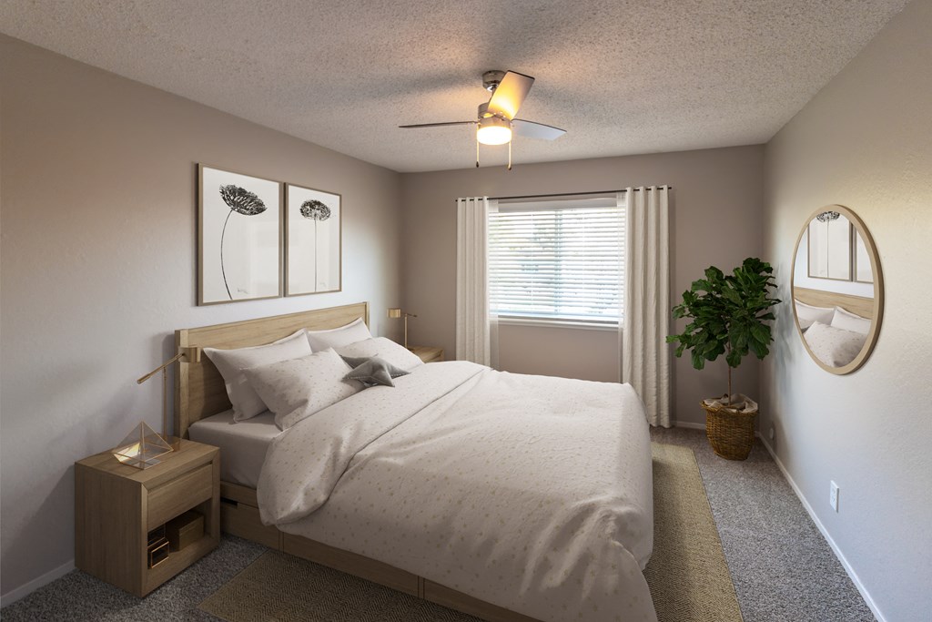 rendering of a bedroom with a bed and a window