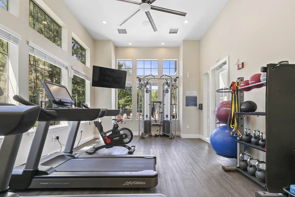 a gym with a treadmill and weights and a tv at Ascent Apartments, Cottonwood Heights, UT 84121