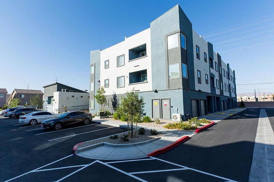Exterior view of building with parking