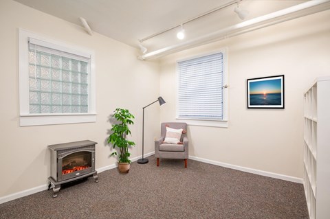A living room with a grey couch, a plant, a fireplace, and a painting on the wall.