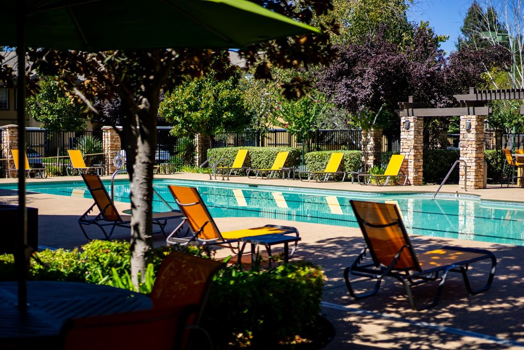 a pool with lounge chairs and umbrellas