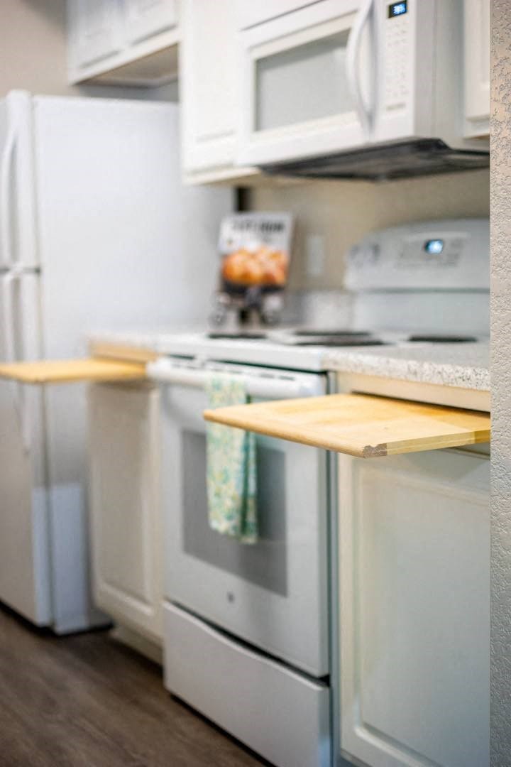 a kitchen with a white stove top oven next to a white refrigerator