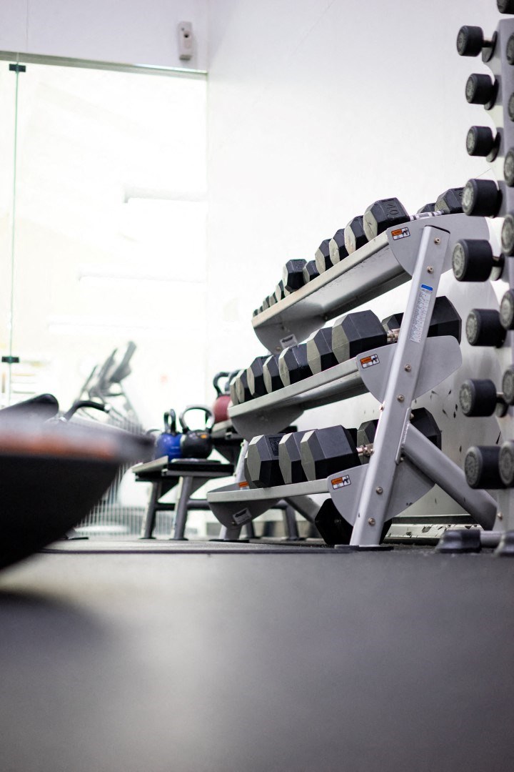 a row of dumbbells in a gym
