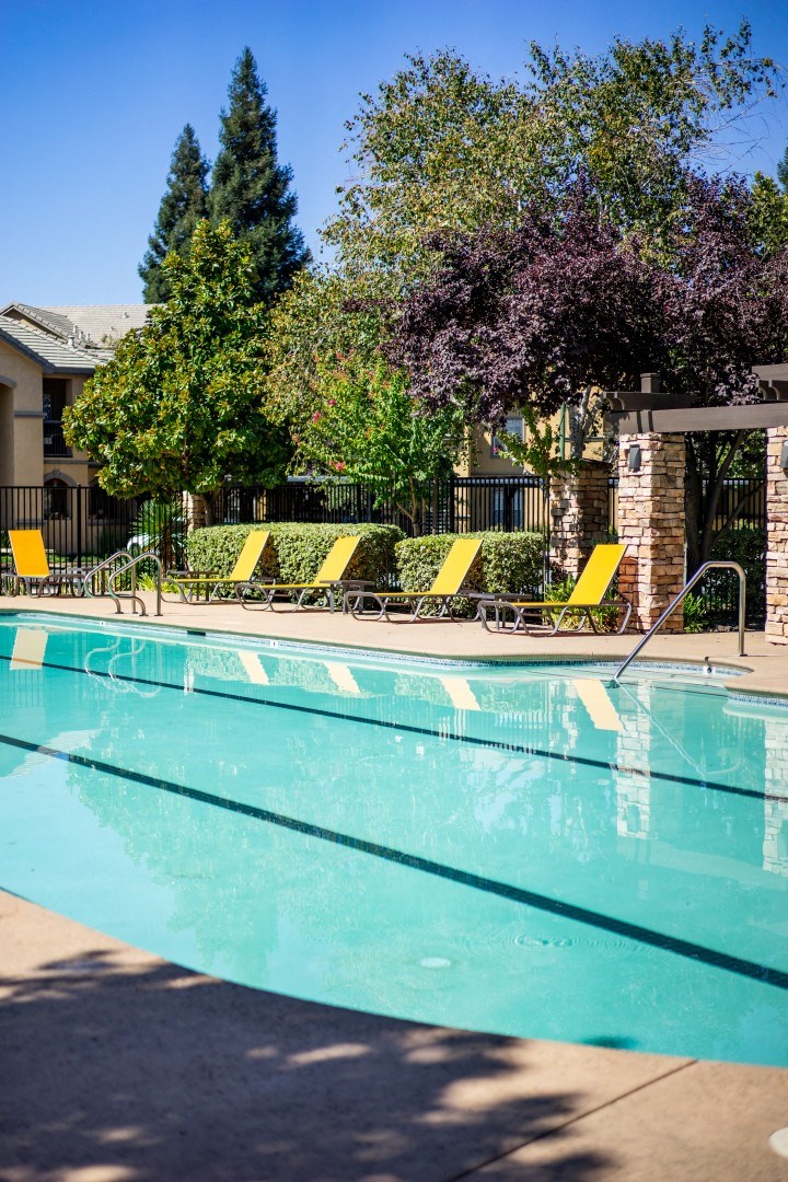 a swimming pool with yellow lounge chairs and trees in the background