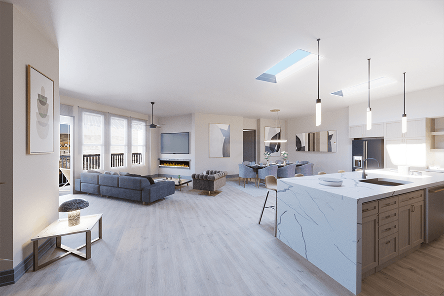 Double R kitchen with stainless steel applicants and plank flooring 