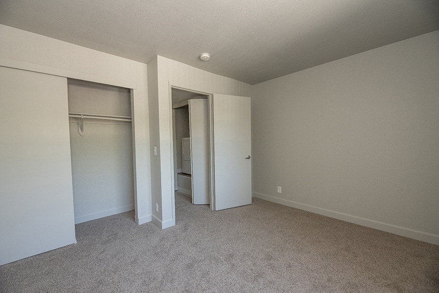 a bedroom with two closets and a carpeted floor
