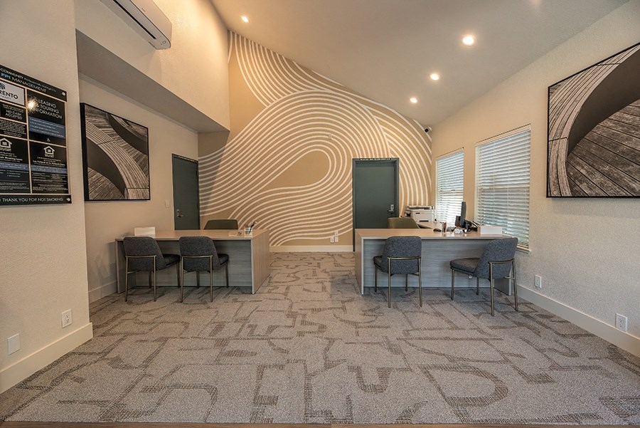 a large room with two tables and chairs