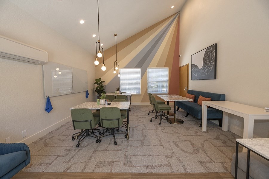 a room with a long table with chairs and a couch