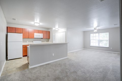 A kitchen with white appliances and orange cabinets.