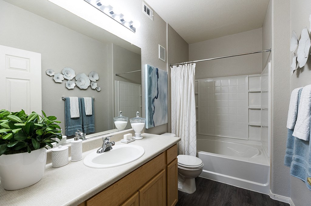 Bathroom vanity and shower at THE PARKSIDE VILLAS APARTMENT HOMES, Las Vegas, NV, 89123