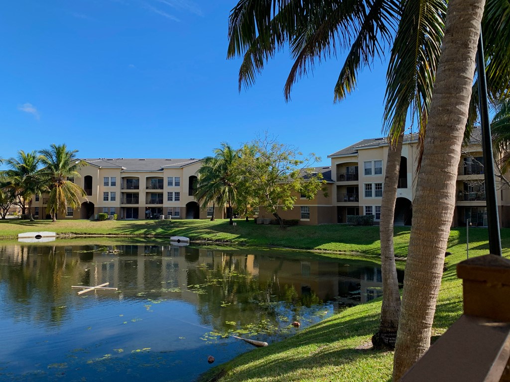 Portofino Apartments community exterior and lake views
