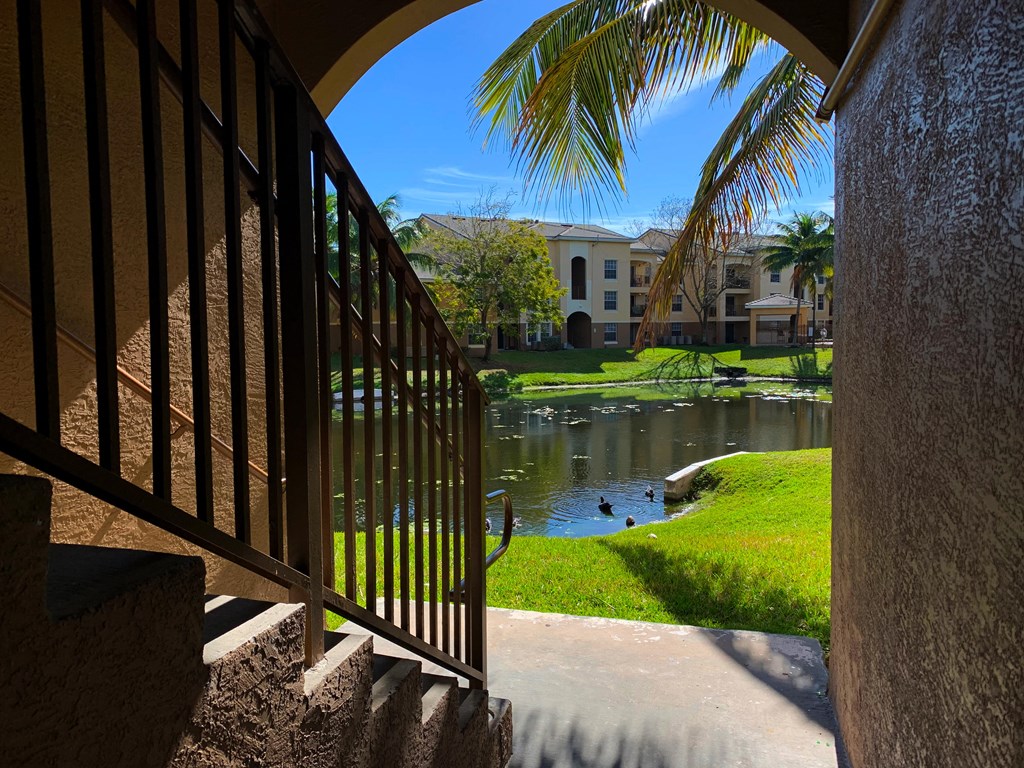 Portofino Apartments community exterior and lake views