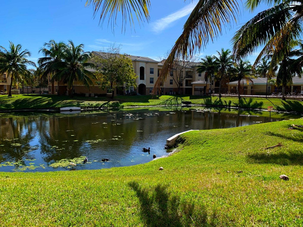 Portofino Apartments community exterior and lake views