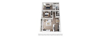 A floor plan of a small apartment with a kitchen, living room, and bedroom.